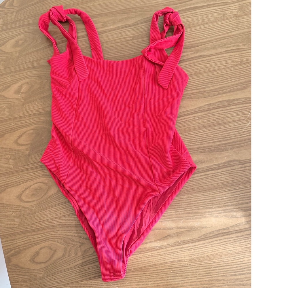 Beach Riot Ribbed One Piece Swimsuit Coral Red Tie Shoulder Size Large